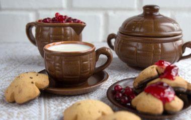 The milk in pottery and biscuits, breakfast