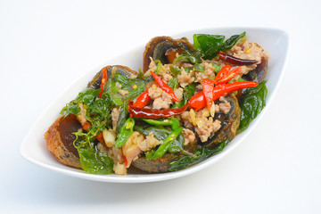 Fried basil with pork and preserved egg
