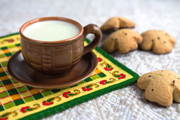 The milk in pottery and biscuits, breakfast