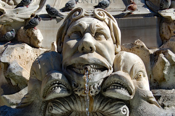 fountain head eyes looking up with pigeons in bg with fish sculptures on either side