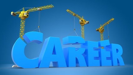 3d illustration of cranes building career word over blue background