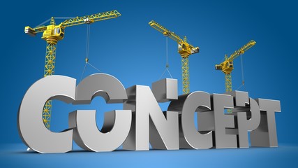 3d illustration of cranes building concept word over blue background