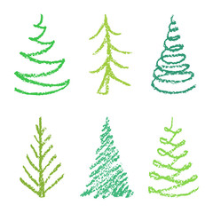 Obraz premium Crayon child's drawing of merry christmas tree set on white. Hand painting pastel green color. Kids drawing vector illustration.