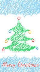 Crayon child's drawing of merry christmas tree with lettering and chalk lines. Pastel hand painting. Kids drawing vector banner copyspace background.