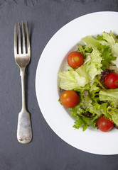 Aerial view of a bowl of fresh garden salad on a rustic slate background