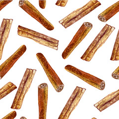 Cinnamon watercolor illustration isolated on white background, Hand drawn seamless pattern, Design food, Organic fresh spice ingredient for healthy market, restaurant menu, kitchen aromatherapy, paper