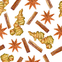 Watercolor ginger root, star anise, cinnamon, Hand drawn ginger illustration isolated on white background, seamless pattern, Organic healthy food ingredient for farmer market, restaurant menu, paper