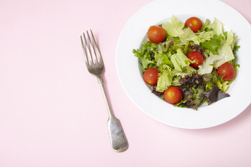 A dish of classic side salad on a pastel pink background, with fork and blank space at side