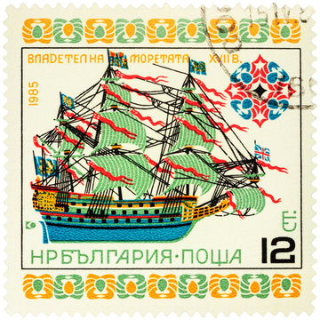 Ancient sailing ship "Ruler of the seas" on postage stamp
