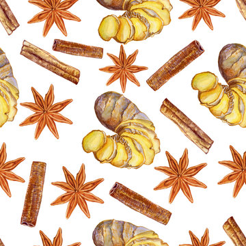 Watercolor ginger root, star anise, cinnamon, Hand drawn ginger illustration isolated on white background, seamless pattern, Organic healthy food ingredient for farmer market, restaurant menu, paper