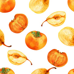 Watercolor persimmon, pear hand drawn illustration isolated on white background, seamless pattern exotic food, organic tropical fruit, decorative texture for design restaurant menu, harvest festival