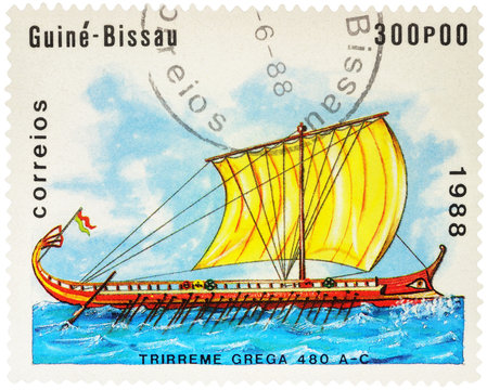 Ancient Greek trireme on postage stamp