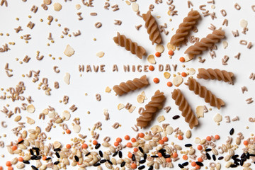 Have a nice day. Legumi. Pasta di farro integrale. Lettere e numeri