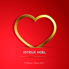 Joyeux Noël ! Carte de vœux avec cœur doré sur fond rouge