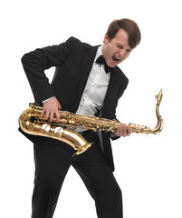 Naklejka premium Saxophonist playing saxophone hard rock with a funny face.