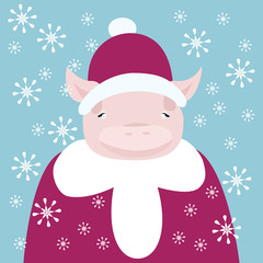 Cute piglet dressed as Santa - crazy cartoon Christmas and New Year card