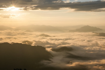 Landscape of sunshine on the morning mist at Phu Chee Fah,Chiang, Thailand