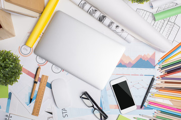 Messy office desktop