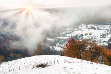 First snow fall in the Carpathian village