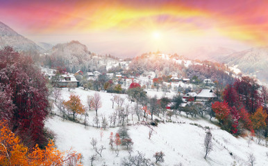 First snow fall in the Carpathian village