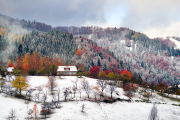 First snow fall in the Carpathian village