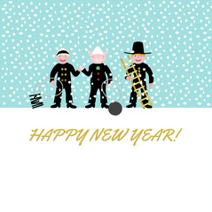 Fototapeta premium Cute piggy in black clothing with white cap amidst of human chimney sweeps