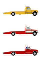 A set of three retro tow truck. Side view. Flat vector.