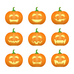 Halloween carved pumpkins. Carved face emotions set. Vector