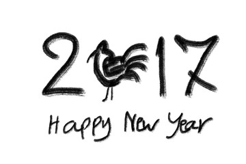 Obraz premium Inking rooster silhouette. Symbol of 2017. Grunge black water color style