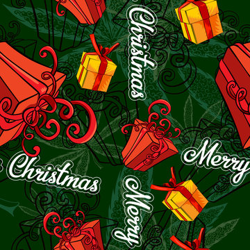 Gift box, vector image seamless background. Seamless pattern with marijuana leafs.