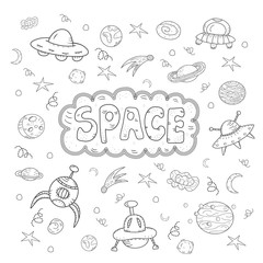 contour vector hand drawn doodles cartoon set of Space objects and symbols