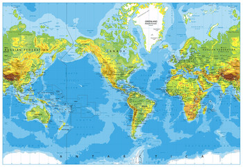 America Centered Physical World Map