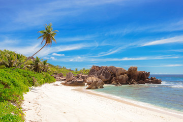 Granite rocks on beautiful Anse Cocos beach at La Digue island, Seychelles