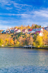 Fototapeta na wymiar Beautiful town of Fuzine on Lake Bajer, Gorski kotar, Croatia, in autumn 
