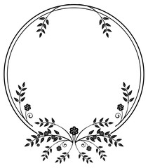 Black and white round frame with floral silhouettes. Copy space. Vector clip art