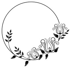 Fototapeta na wymiar Black and white round frame with floral silhouettes. Copy space. Vector clip art