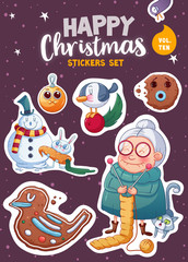 Set of Merry Christmas and Happy New Year stickers or magnets. Festive souvenirs