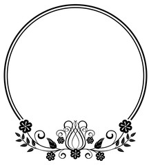 Black and white round frame with floral silhouettes. Copy space. Vector clip art