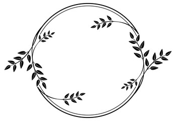 Black and white round frame with floral silhouettes. Copy space. Vector clip art