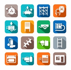 Electrical equipment and construction tools flat icons colored. White, vectors, electrical, gas and construction equipment on a colored background with a shadow.  