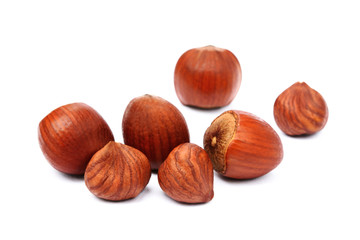 Group healty hazelnuts isolated on white background