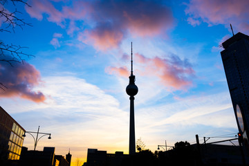 silhouette of Alexanderplatz in Berlin during sunset