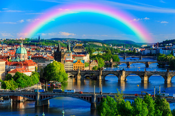 Rainbow Over Charles Bridge in Prague, Czech Republic in Spring