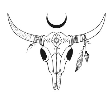 boho style illustration with buffalo skull with feathers on horns, hand drawn vector illustration with cow skull  isolated on white