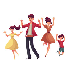 Cheerful cartoon style family jumping from happiness, cartoon vector illustrations isolated on white background. Happy family of father, mother, sister and son jumping in excitement