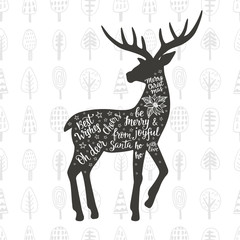 Merry Christmas and Happy New Year card with vintage deer