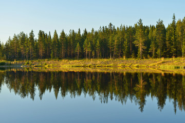 Reflection. Coastline of northern lake. Lapland, 