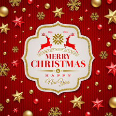 Christmas greeting - Frame with type design and Christmas decoration on a knitting red background