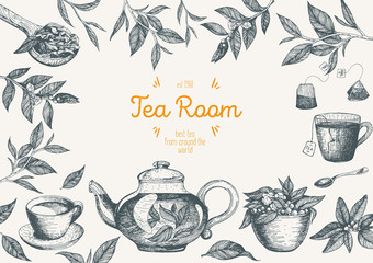 Vector illustration for Tea Shop. Vector card design with tea. Poster for tea house. Vector hand drawn set. Linear graphic banner.