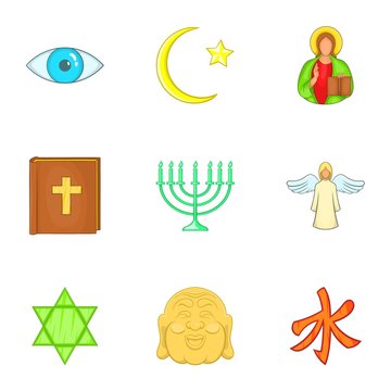 Beliefs icons set. Cartoon illustration of 9 beliefs vector icons for web